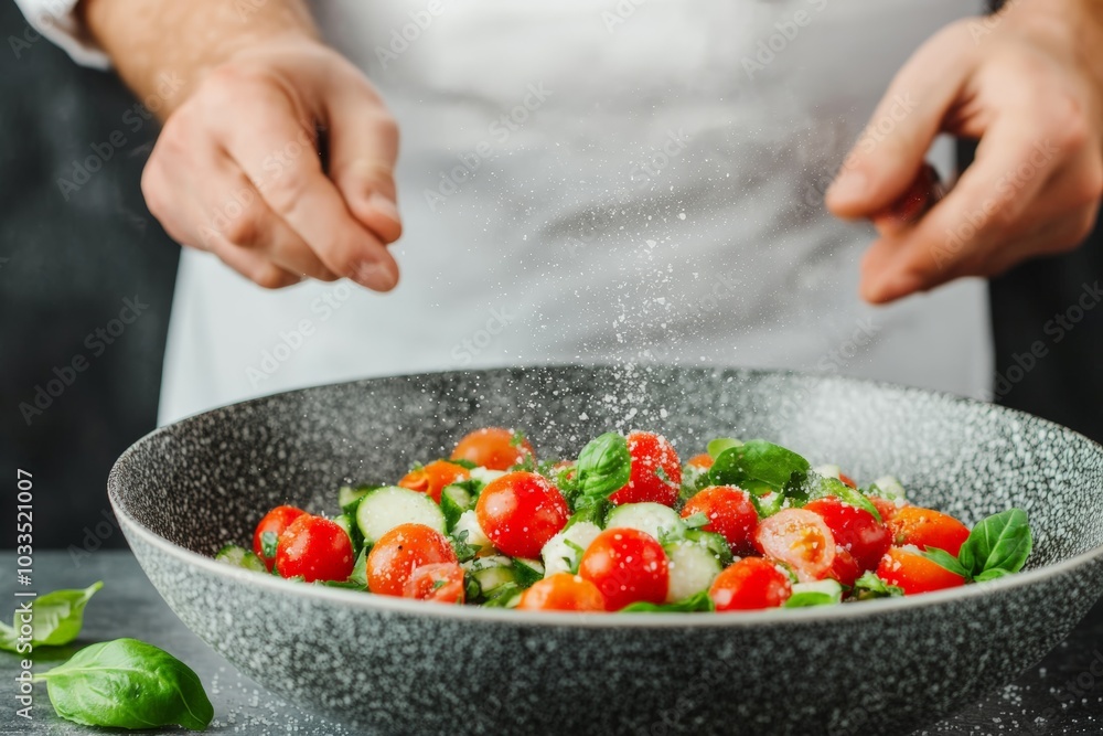 A chef presents a fresh salad of tomatoes, greens, and onions in a pan, ready to be served. A chef presents a fresh salad of tomatoes, greens, and onions in a pan, ready to be served.