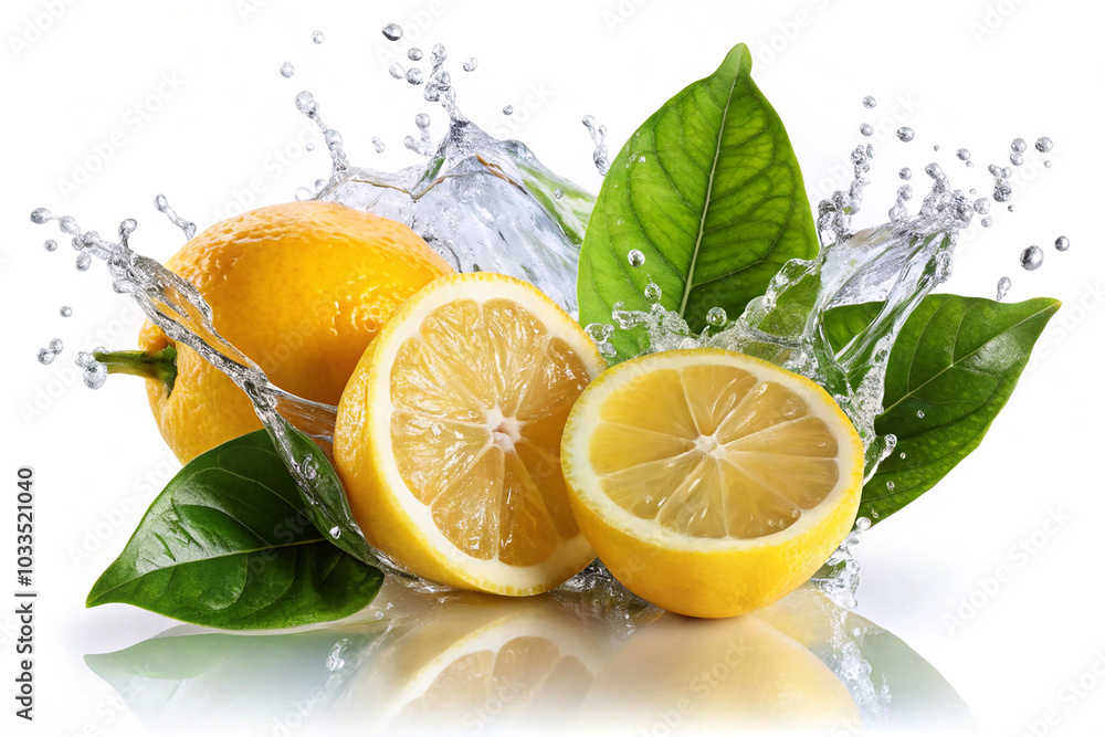 Sliced lemon with water splashing on a white background Sliced lemon with water splashing on a white background