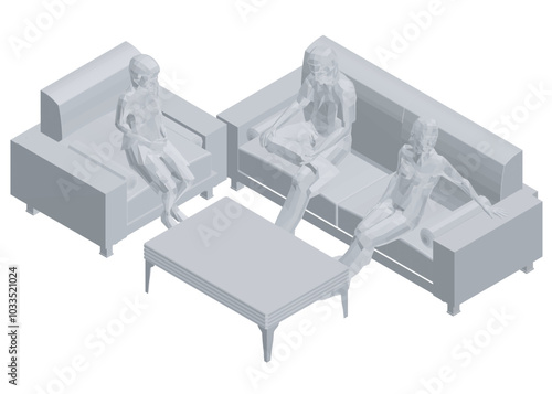 Polygonal model of people sitting on sofa and chair at table. Isometric view. Vector illustration. 3D