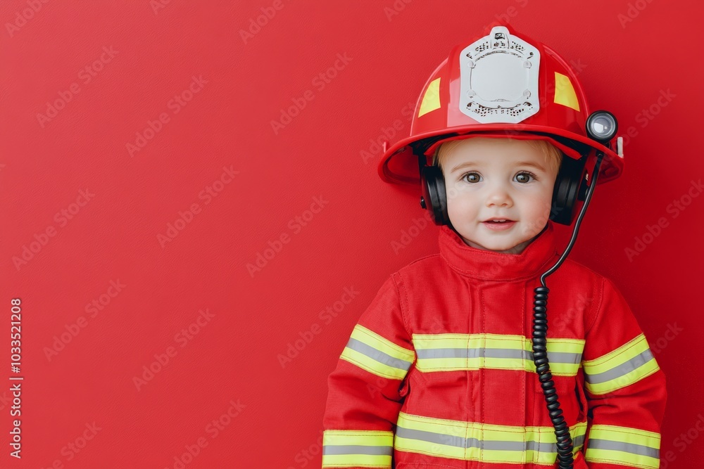A young child dressed in a firefighter costume holds a phone, pretending to make an emergency call, symbolizing imagination and heroism. A young child dressed in a firefighter costume holds a phone, pretending to make an emergency call, symbolizing imagination and heroism.