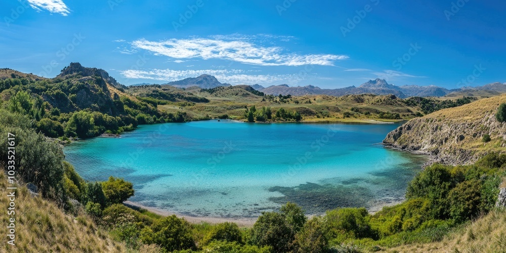 Stunning landscape featuring a turquoise lagoon and hills adorned with vegetation under a clear blue sky. Stunning landscape featuring a turquoise lagoon and hills adorned with vegetation under a clear blue sky.
