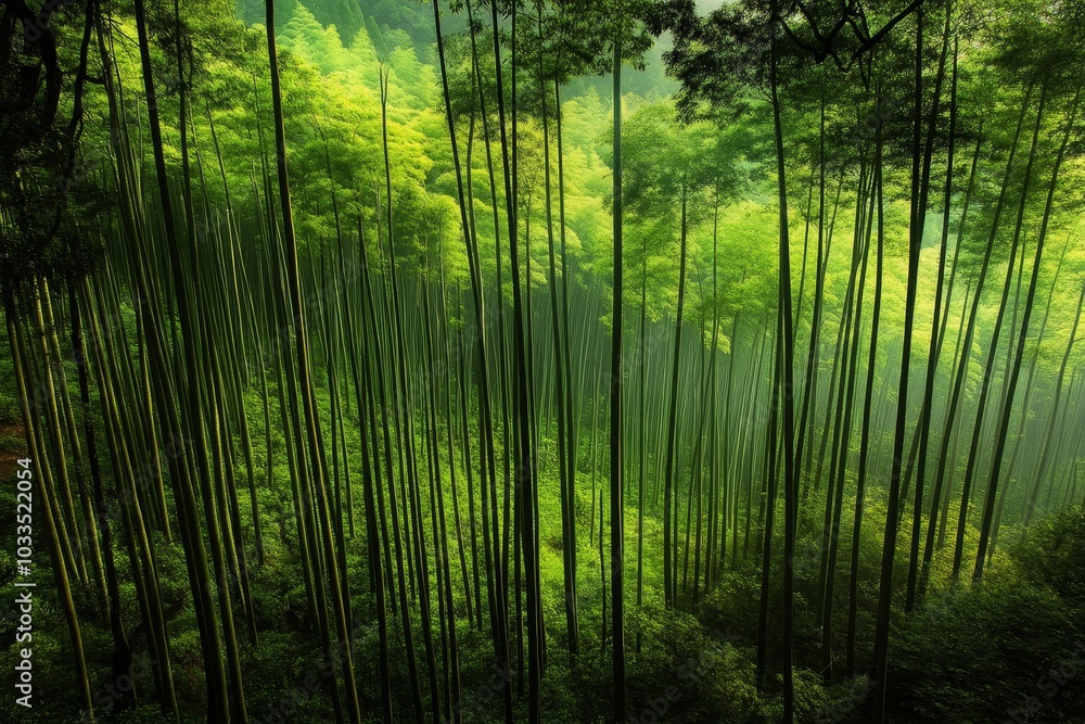 A dense forest of tall bamboo stalks reaching towards the sky, with a soft mist creating an ethereal atmosphere. A dense forest of tall bamboo stalks reaching towards the sky, with a soft mist creating an ethereal atmosphere.
