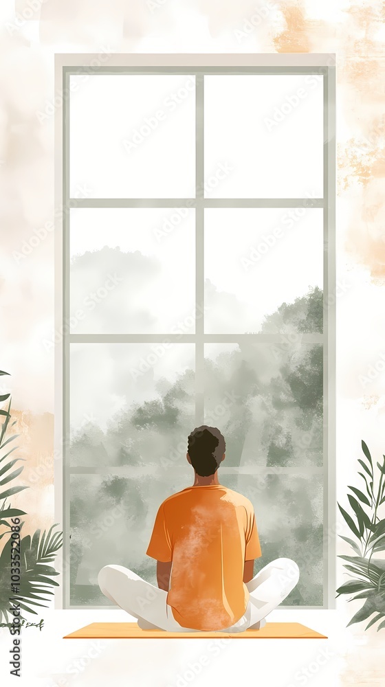 A person meditates peacefully in a minimalist room, serene landscape, tranquil morning, zen, minimal watercolor illustration A person meditates peacefully in a minimalist room, serene landscape, tranquil morning, zen, minimal watercolor illustration