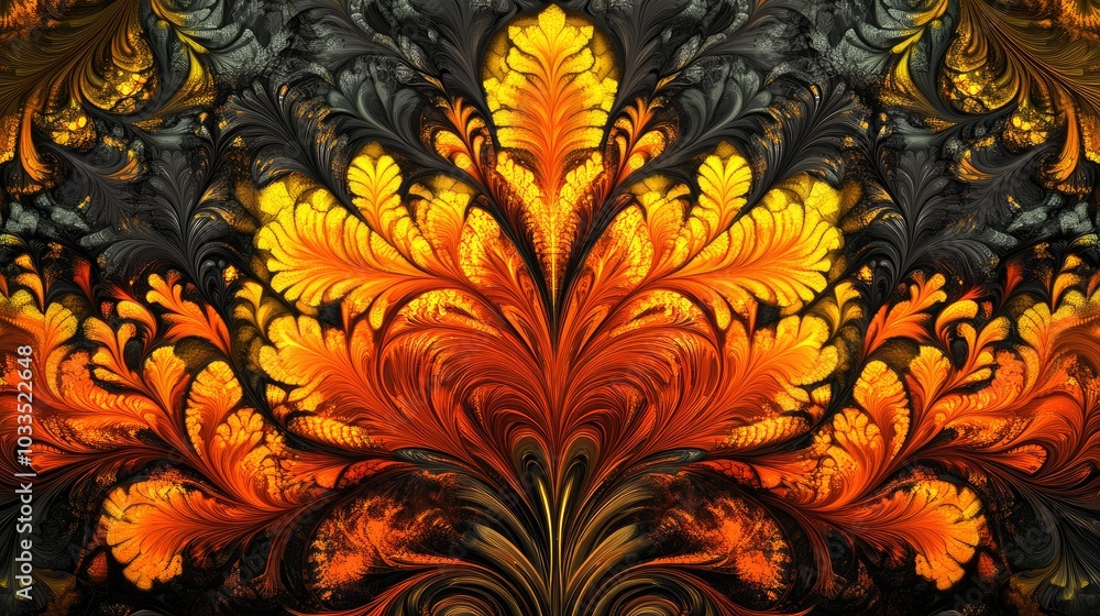 A beautiful, detailed fractal pattern that conveys fire and flames, on a black background, with an orange and yellow color scheme A beautiful, detailed fractal pattern that conveys fire and flames, on a black background, with an orange and yellow color scheme