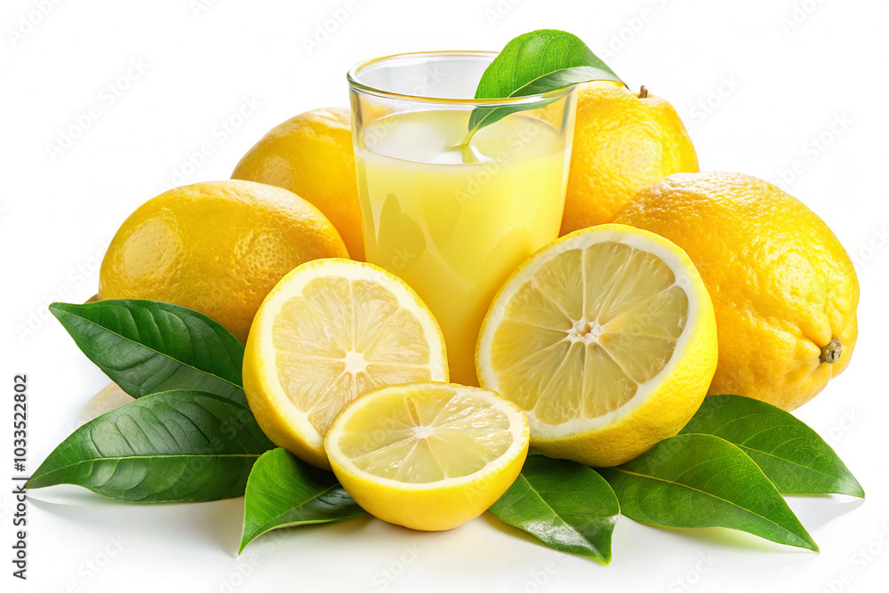 A glass of lemon juice with lemon and some green leaves isolated on a white background A glass of lemon juice with lemon and some green leaves isolated on a white background