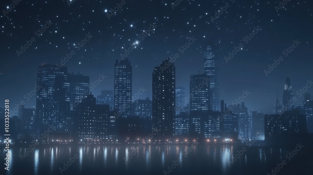 A high-quality image of a city skyline at night, illuminated by soft, peaceful lights A high-quality image of a city skyline at night, illuminated by soft, peaceful lights
