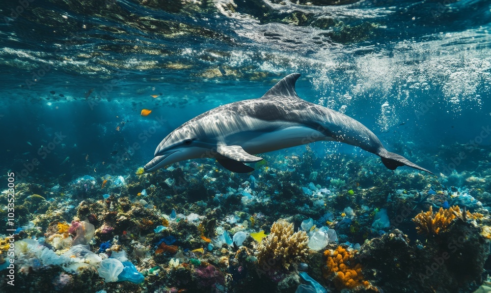 Naklejka premium Dolphin swims through ocean polluted with plastic.