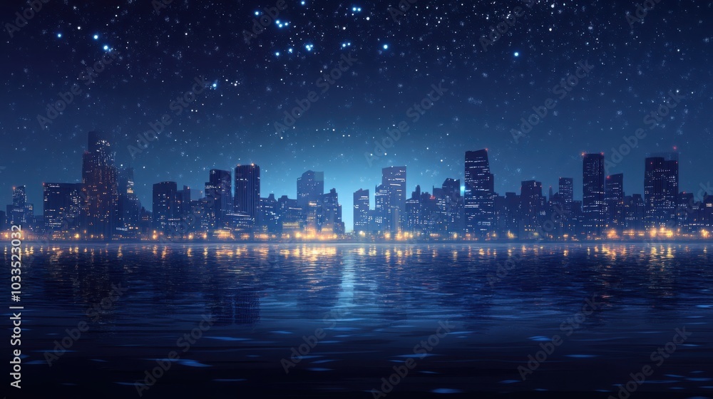 Fototapeta premium city skyline at night, illuminated by soft, peaceful lights