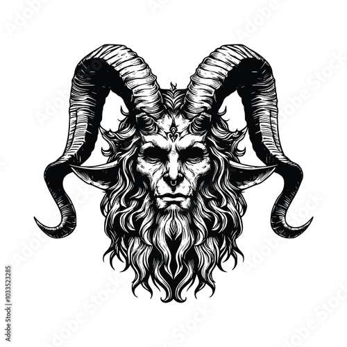 Hand drawn baphomet illustration. satanic goat head black and white vector illustration, satanic symbol on pentagram
