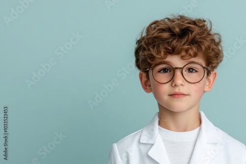 A serious young boy with freckles wears a head-mounted medical device in a high-tech clinical environment.