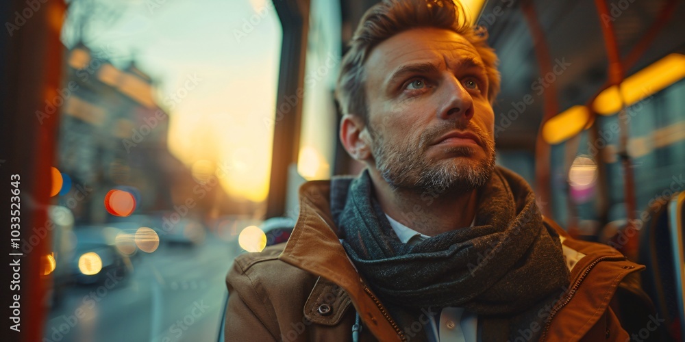 A male businessman sitting on a bus, immersed in his thoughts while navigating the urban landscape. This image captures the essence of public transportation and the daily life of professionals. A male businessman sitting on a bus, immersed in his thoughts while navigating the urban landscape. This image captures the essence of public transportation and the daily life of professionals.