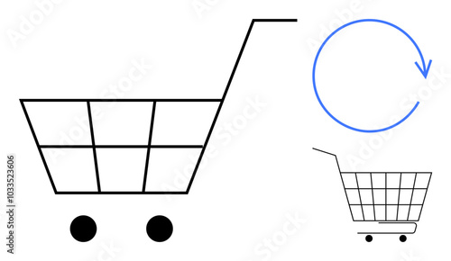 Simple shopping cart with two wheels and a blue circular refresh arrow above a smaller version of the same cart. Ideal for online shopping, reloading, e-commerce, retail, and updates. Minimalistic