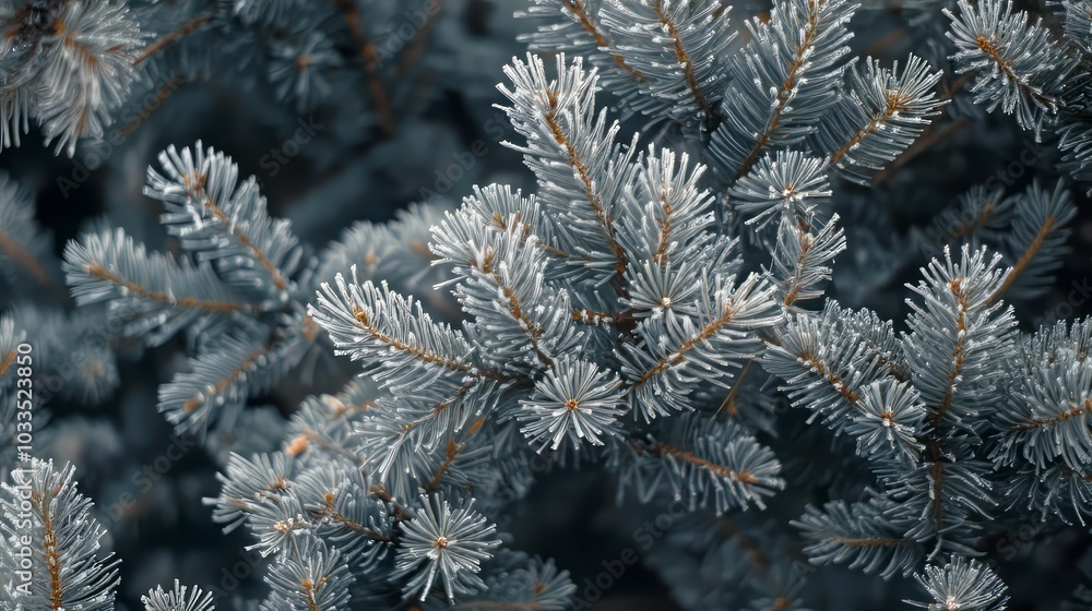 Winter - frost-covered pine branches in a snowy forest, showcasing the natural beauty of winter with rime on evergreen needles, creating a serene and festive christmas atmosphere in a tranquil nature Winter - frost-covered pine branches in a snowy forest, showcasing the natural beauty of winter with rime on evergreen needles, creating a serene and festive christmas atmosphere in a tranquil nature