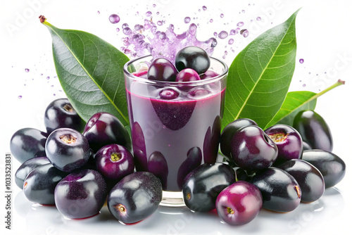 Fresh Jamun Fruit Halves with Splashing Juice and Green Leaves Cut Out