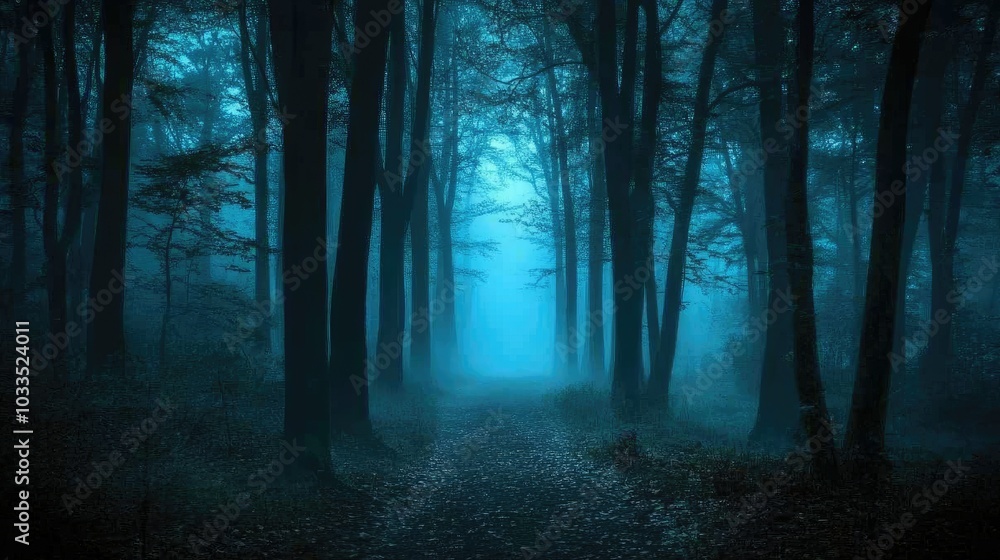 A dark forest with tall trees, a foggy atmosphere, and mysterious light and shadow effects A dark forest with tall trees, a foggy atmosphere, and mysterious light and shadow effects