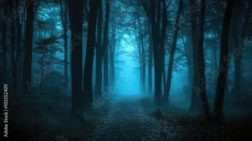 A dark forest with tall trees, a foggy atmosphere, and mysterious light and shadow effects