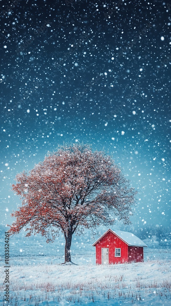 Naklejka premium Abstract Nighttime Scene Featuring a Snow-Covered Tree and a Small Red House in a Minimalist Style, Perfectly Composed for Creative Advertising Backgrounds and High-Quality AI-Generated Wallpapers, Ca