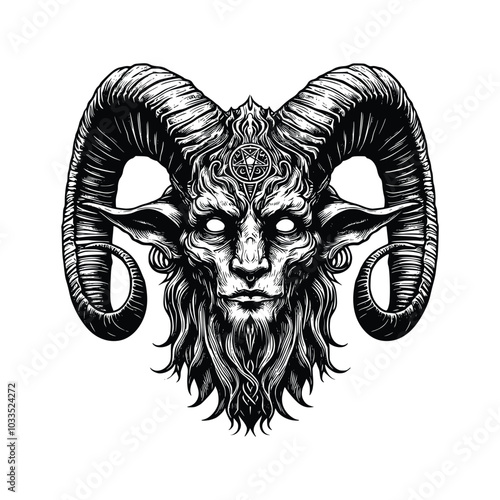 Black and white vector illustration of Baphomet, satanic goat head with a pentagram, hand drawn for a dark symbolic design