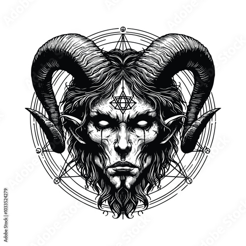 Baphomet hand drawn illustration, satanic goat head in black and white vector, pentagram as the core satanic symbol