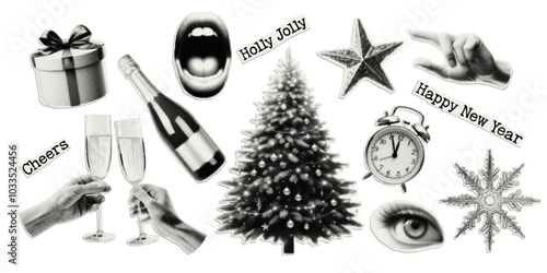 Happy New Year. Set of vectors cut out holiday elements. Trendy decor with halfton effect for a greeting card, collage, cover design.