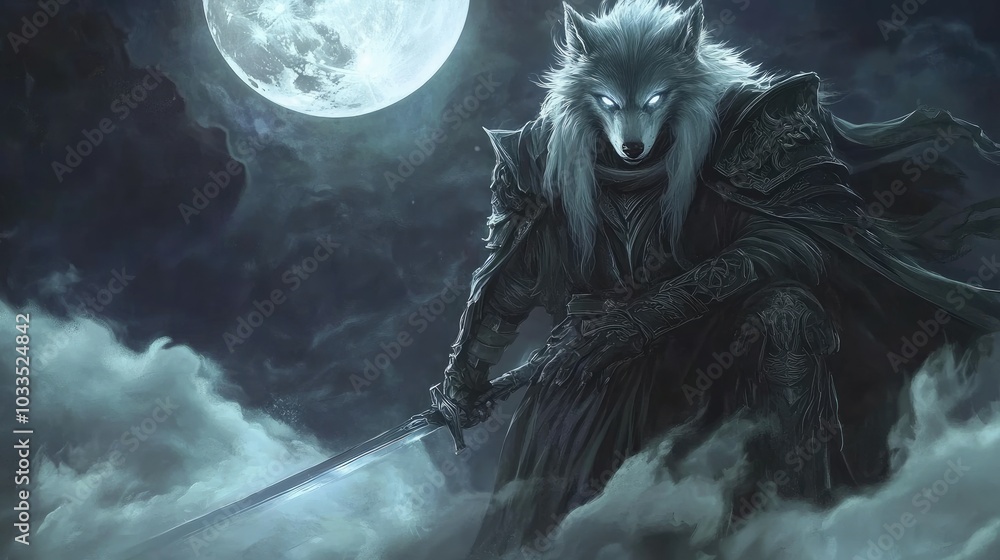 Obraz premium A fantasy anthropomorphic wolf with long silver fur, wearing robes and armor with glowing eyes, standing on a cloud of mist under moonlight, holding a sword