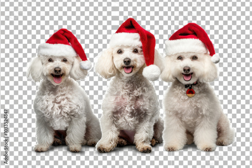 Rottweiler dogs in Santa hats posing for a festive holiday portrait, capturing the spirit of Christmas joy.