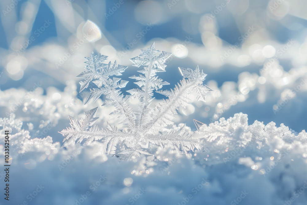 Close-up of a delicate snowflake resting on fresh snow, capturing the beauty and intricacy of winter. Close-up of a delicate snowflake resting on fresh snow, capturing the beauty and intricacy of winter.