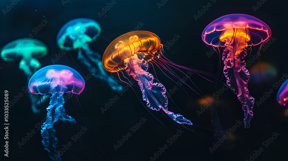 vibrant jellyfish floating in dark ocean waters, glowing sea creatures with colorful translucent bodies, abstract underwater photography for modern creative projects vibrant jellyfish floating in dark ocean waters, glowing sea creatures with colorful translucent bodies, abstract underwater photography for modern creative projects