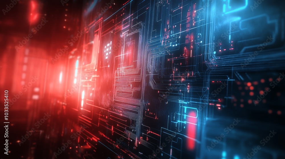 Futuristic Digital Circuitry in Red and Blue Glow
