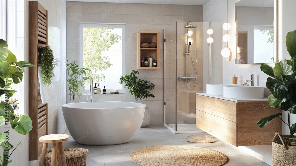 Scandinavian bathroom design with natural materials and a functional layout Scandinavian bathroom design with natural materials and a functional layout