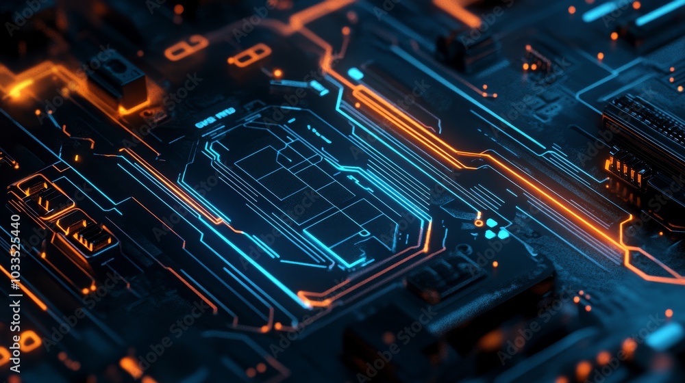 Futuristic Circuit Board with Glowing Neon Blue and Orange Traces Futuristic Circuit Board with Glowing Neon Blue and Orange Traces