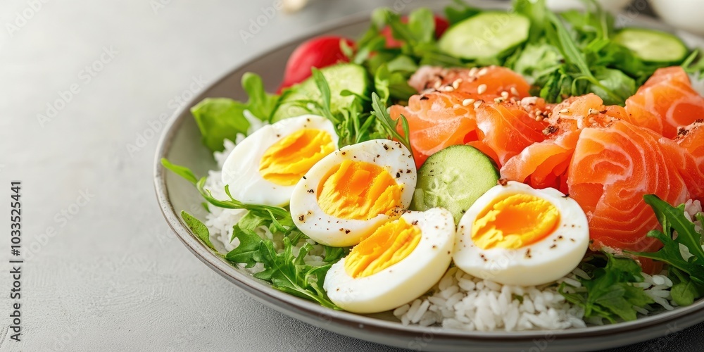 Salad featuring boiled rice, pink salmon, eggs, and greens on a plate. Copyspace. Salad featuring boiled rice, pink salmon, eggs, and greens on a plate. Copyspace.