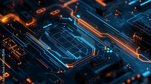 Futuristic Circuit Board with Glowing Neon Blue and Orange Traces