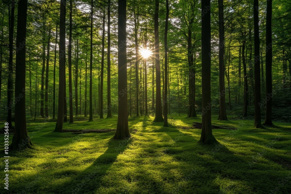 Sunlight shining through the trees in a lush green forest, casting long shadows on the mossy ground. Sunlight shining through the trees in a lush green forest, casting long shadows on the mossy ground.