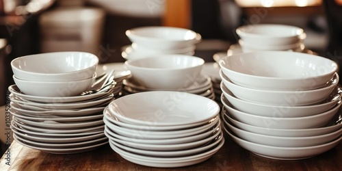 Empty bowls and plates on the table, dishware and table items.