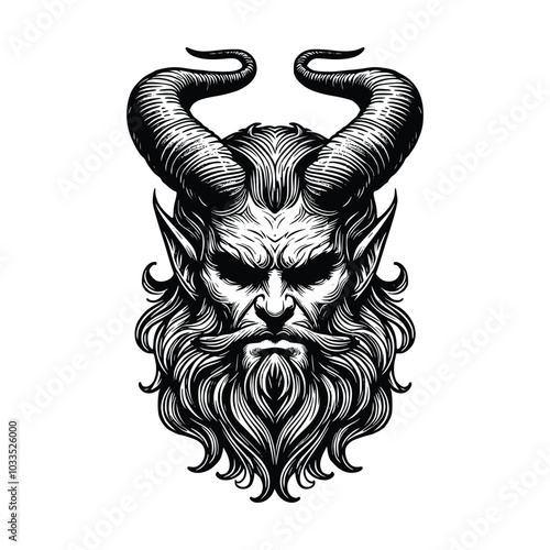 Black and white demon with horns, hand drawn devil in a detailed vector sketch illustration