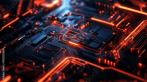 Futuristic Circuit Board with Glowing Neon Elements in Dark Atmosphere