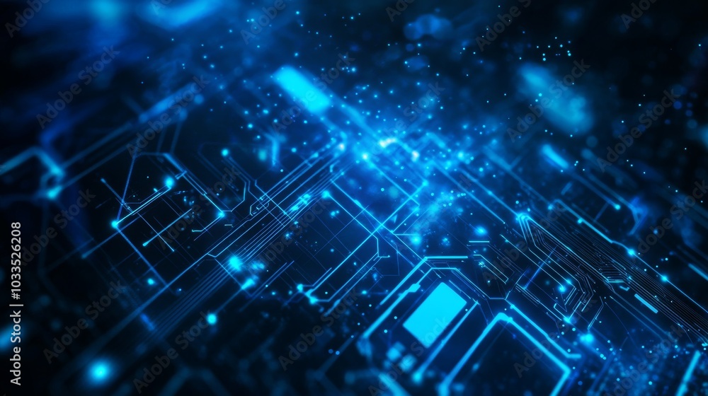 Futuristic Digital Circuit Board with Glowing Blue Light Effects and Particle Overlay Futuristic Digital Circuit Board with Glowing Blue Light Effects and Particle Overlay