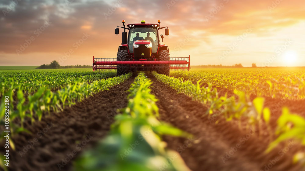 In the early morning light, a tractor equipped with advanced GPS technology plants corn in perfectly straight rows, ensuring efficient land use and crop optimization. In the early morning light, a tractor equipped with advanced GPS technology plants corn in perfectly straight rows, ensuring efficient land use and crop optimization.