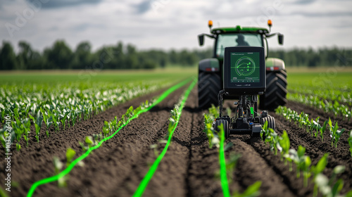 A sleek tractor in the midst of planting corn, guided by GPS technology, with the green lines on the monitor matching the neatly planted rows behind it.