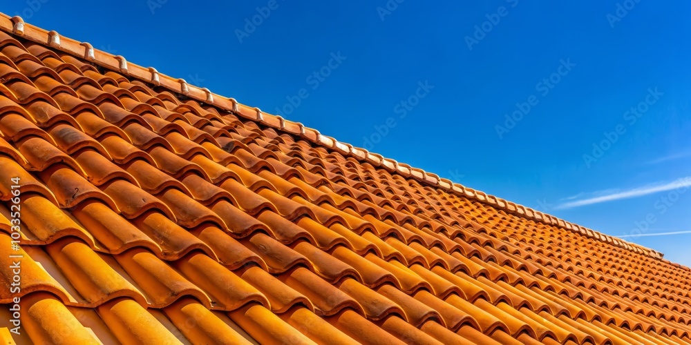 Closeup of an Orange Brown Clay Tile Roof Against a Blue Sky, Architectural Detail, Home Design, Roofing Materials, Warm Tones, Natural Textures, Outdoor Aesthetics, Residential Architecture Closeup of an Orange Brown Clay Tile Roof Against a Blue Sky, Architectural Detail, Home Design, Roofing Materials, Warm Tones, Natural Textures, Outdoor Aesthetics, Residential Architecture
