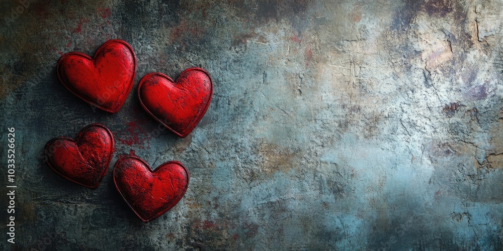 Red hearts on a textured backdrop. Love theme. Valentine's Day card. Red hearts on a textured backdrop. Love theme. Valentine's Day card.