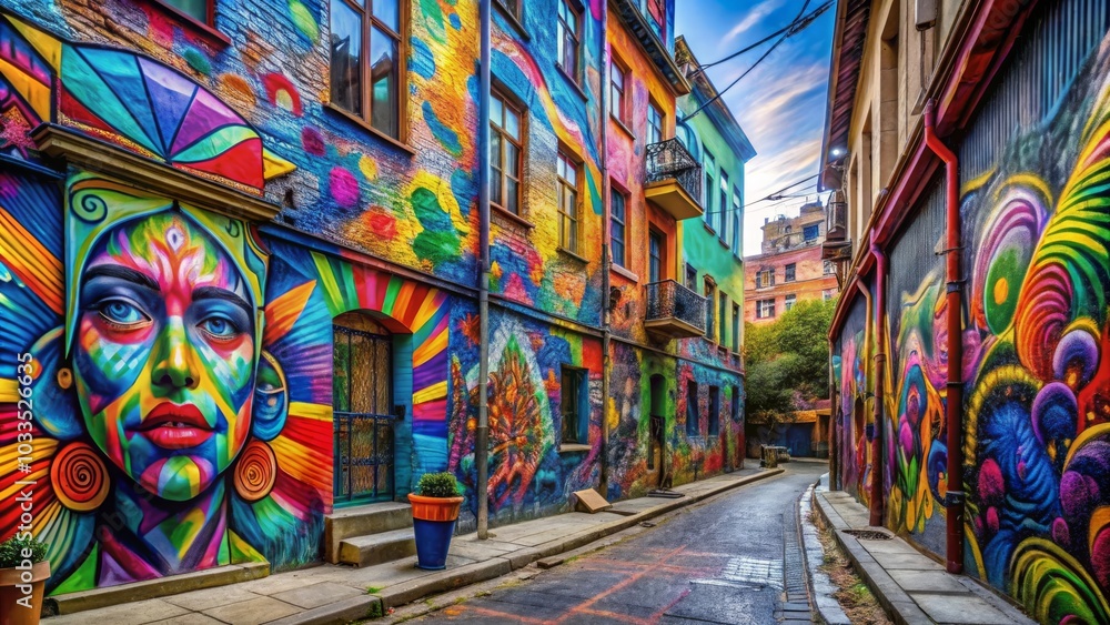 Fototapeta premium Street filled with colorful art and interesting characters on walls