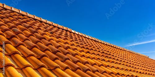 Closeup of an Orange Brown Clay Tile Roof Against a Blue Sky, Architectural Detail, Home Design, Roofing Materials, Warm Tones, Natural Textures, Outdoor Aesthetics, Residential Architecture