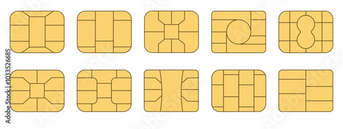 EMV chip icon set. Microchip for bank plastic credit or debit charge or sim card. Digital Nfc technology. Contactless payment at terminals and ATMs