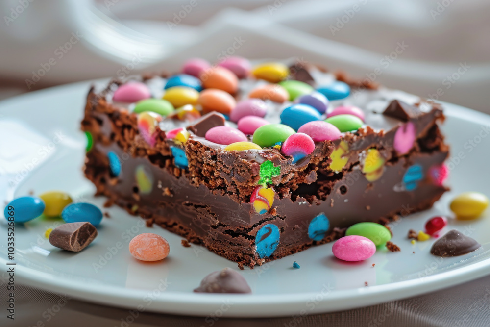 A rich chocolate brownie topped with colorful candy-coated chocolates, served on a white plate, perfect for dessert. A rich chocolate brownie topped with colorful candy-coated chocolates, served on a white plate, perfect for dessert.