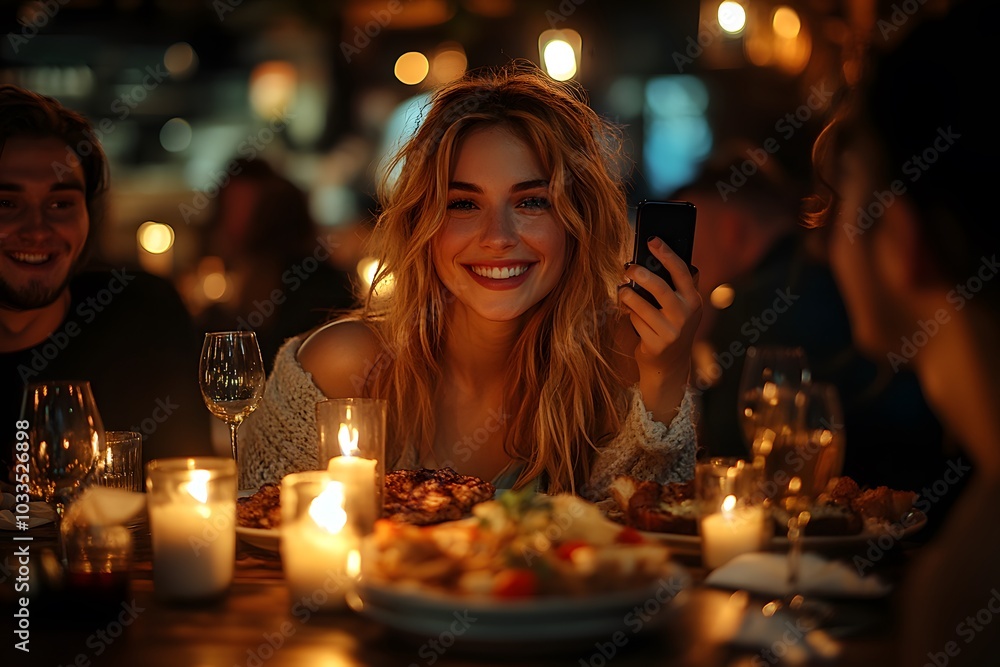 A group of friends enjoying dinner at an urban restaurant, laughing and chatting around the table filled with delicious dishes. A group of friends enjoying dinner at an urban restaurant, laughing and chatting around the table filled with delicious dishes.