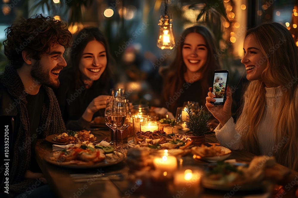 A group of friends enjoying dinner at an urban restaurant, laughing and chatting around the table filled with delicious dishe A group of friends enjoying dinner at an urban restaurant, laughing and chatting around the table filled with delicious dishe