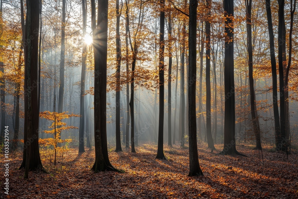 Sun rays shine through a misty forest with golden leaves and tall trees. Sun rays shine through a misty forest with golden leaves and tall trees.
