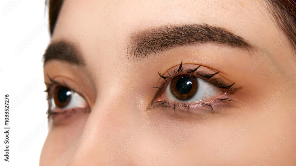 Obraz premium Close-up shot of a woman eyes, focusing on her lashes and brows, emphasizing natural beauty. Lash extensions, lamination. Concept of natural beauty, skincare, cosmetics and cosmetology